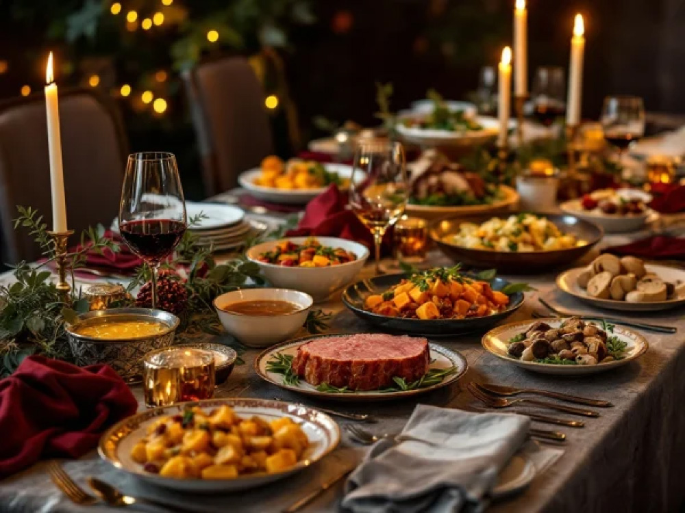 Joulupöytä gourmet-ruoilla: glaseerattu kinkku, perunalaatikko ja jälkiruuat kynttilöiden ja eukalyptuksen keskellä